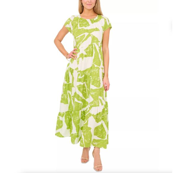 1. STATE Tiered Cotton Poplin Maxi Dress Green White Abstract Leaf Sz S {P34} - Picture 1 of 8
